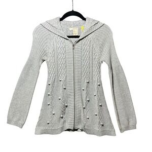 DKNY Jeans Cardigan Sweater Metallic Silver Cable‎ Knit Hooded Zip S